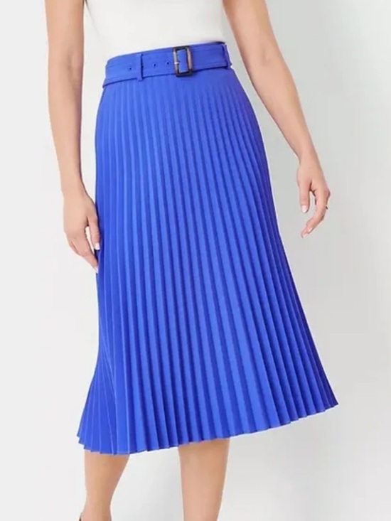 Ann Taylor Belted Pleated Midi Skirt In Cobalt Blue Sz 8 - Picture 2 of 9
